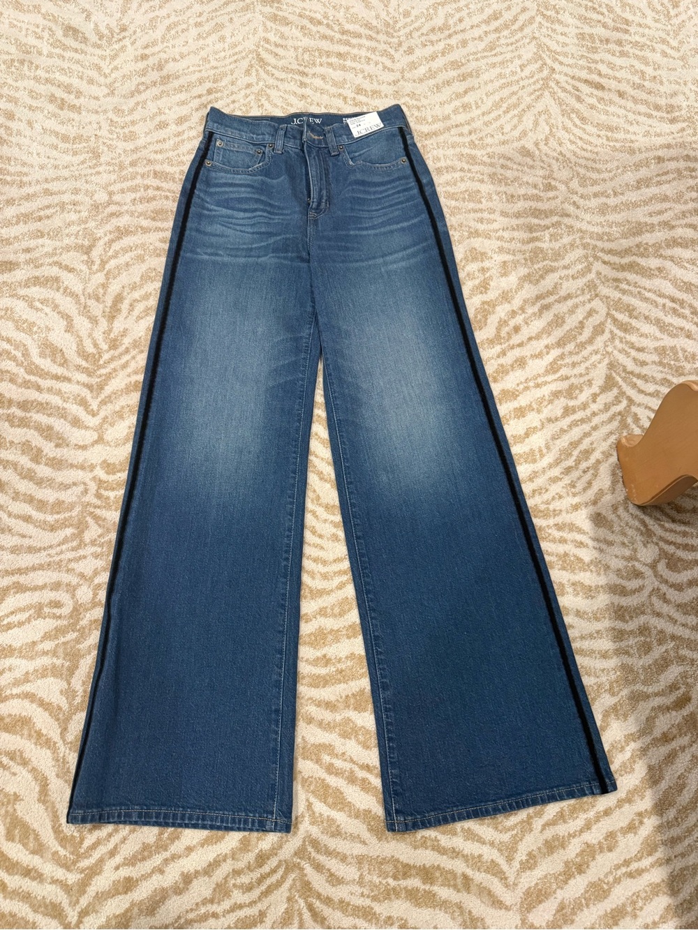 J. Crew Indigo Wide-Leg Jeans with black velvet stripe down the side